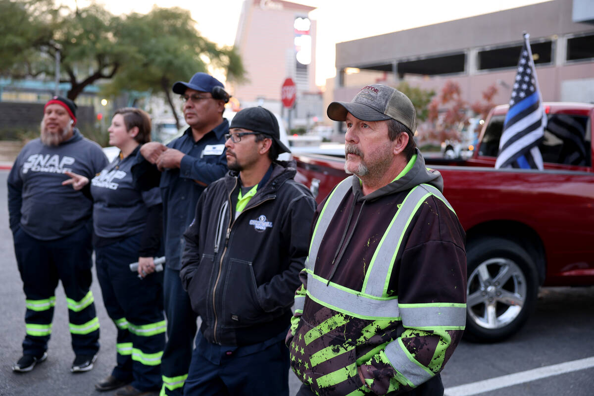 Tow truck operators, Nevada Highway Patrol and Capitol Police gather at Dula Community Center i ...