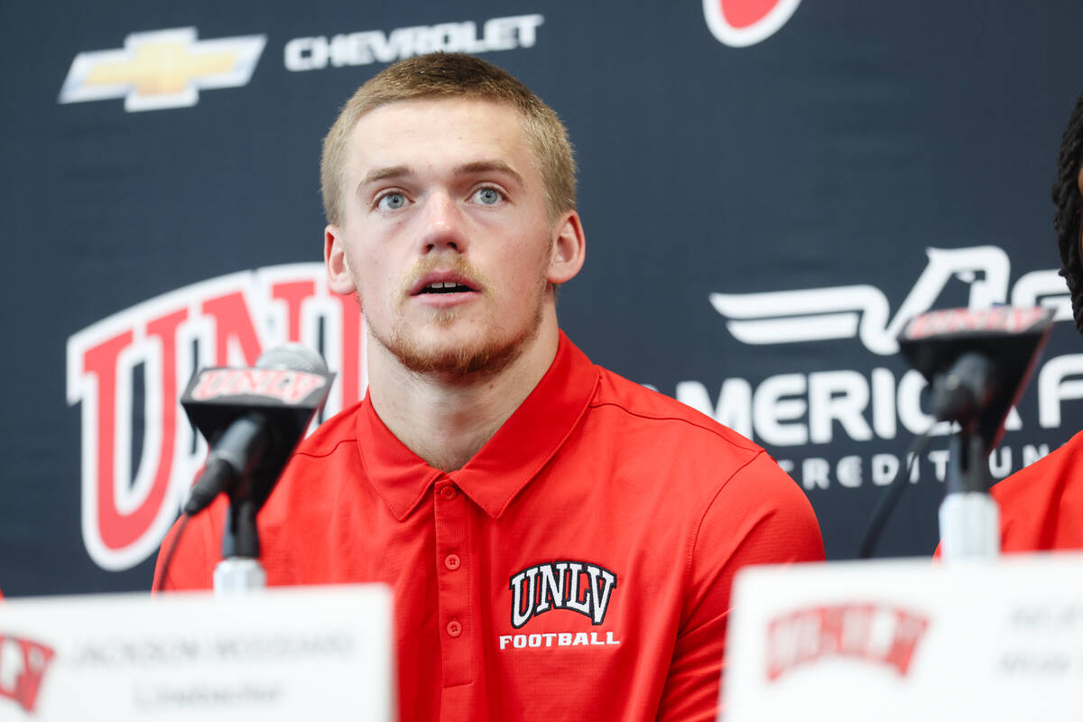UNLV linebacker Jackson Woodward answers questions at a press conference where it was announced ...
