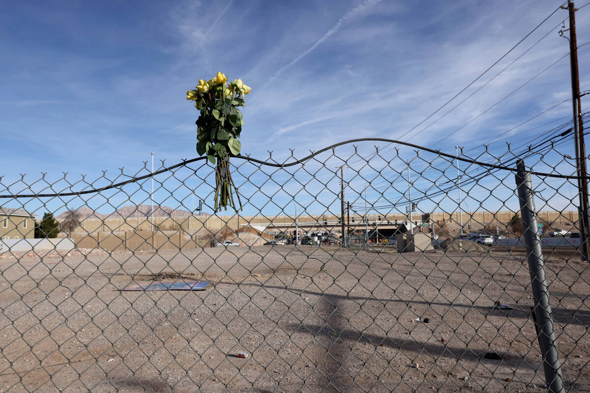 Flowers are shown Monday, Dec. 4, 2023, near East Charleston Boulevard and Sandhill Road in Las ...
