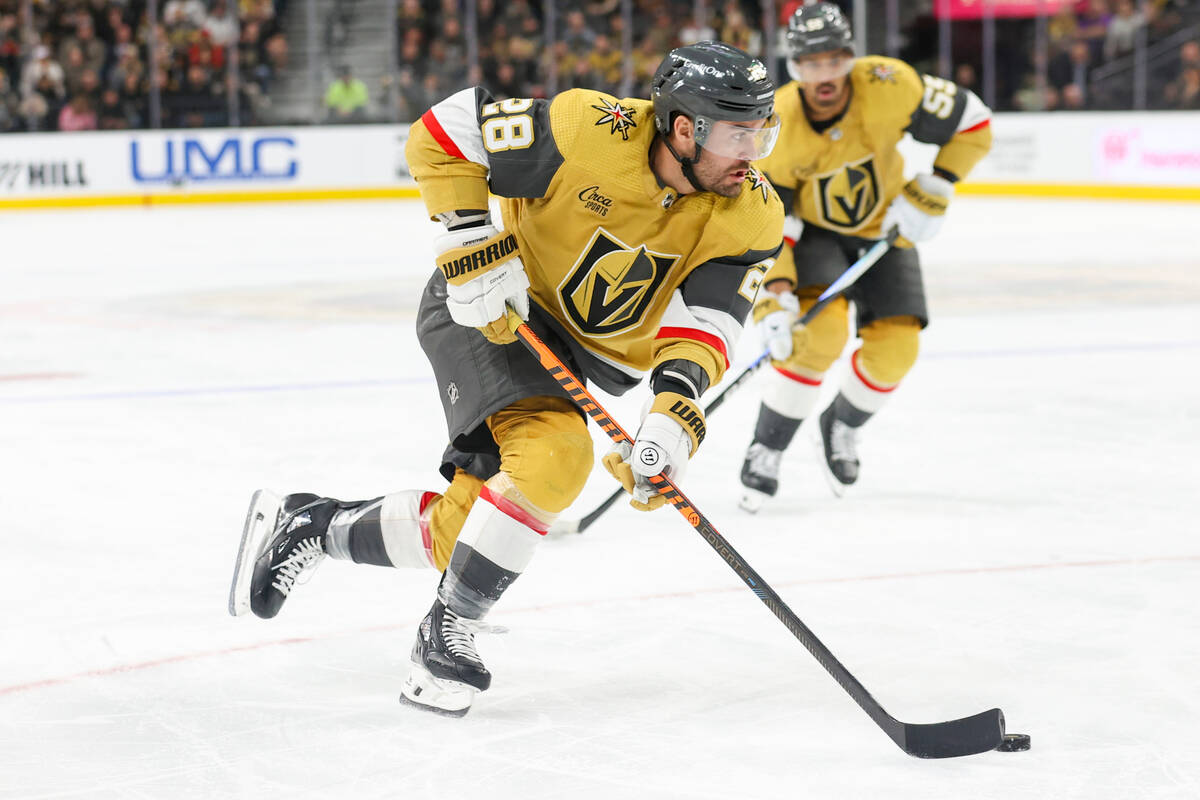 Vegas Golden Knights left wing William Carrier (28) skates against the St. Louis Blues during t ...