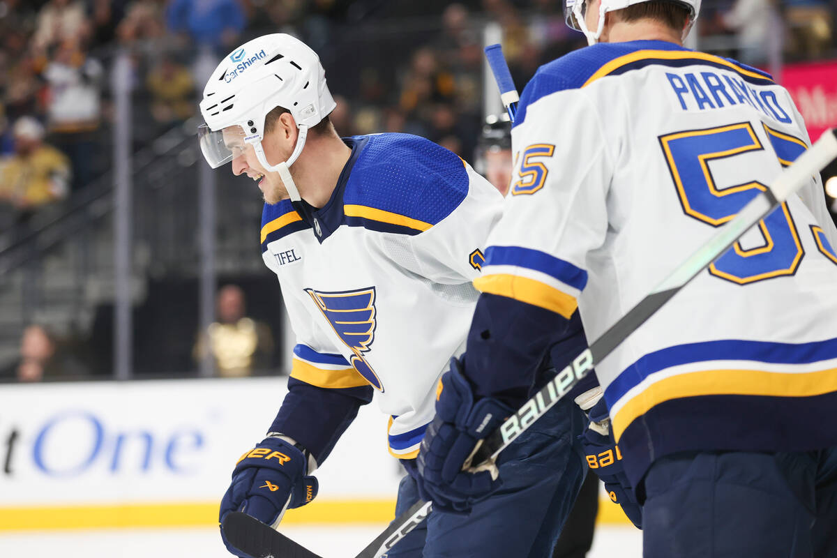St. Louis Blues right wing Alexey Toropchenko, left, reacts after scoring a goal against the Ve ...
