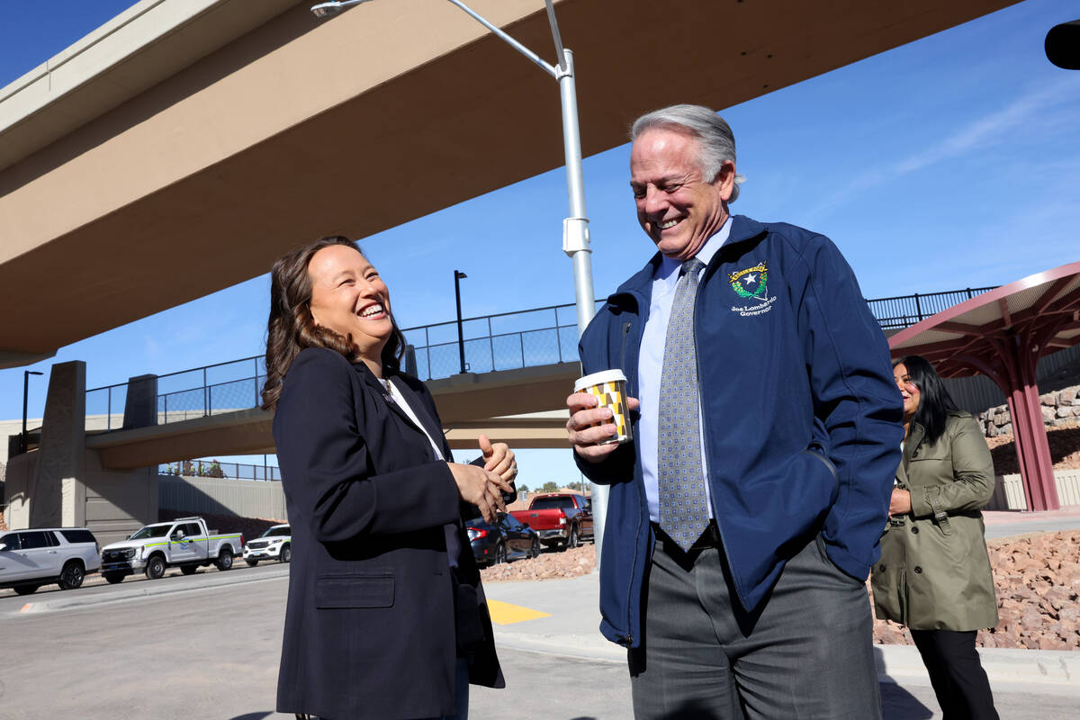 Gov. Joe Lombardo visits with Las Vegas City Councilwoman Francis Allen-Palenske during the Nev ...