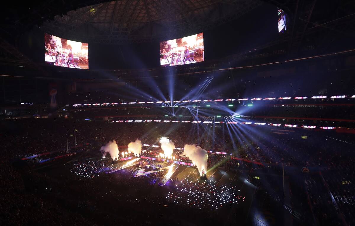 Maroon 5 performs during halftime of the NFL Super Bowl 53 football game between the Los Angele ...