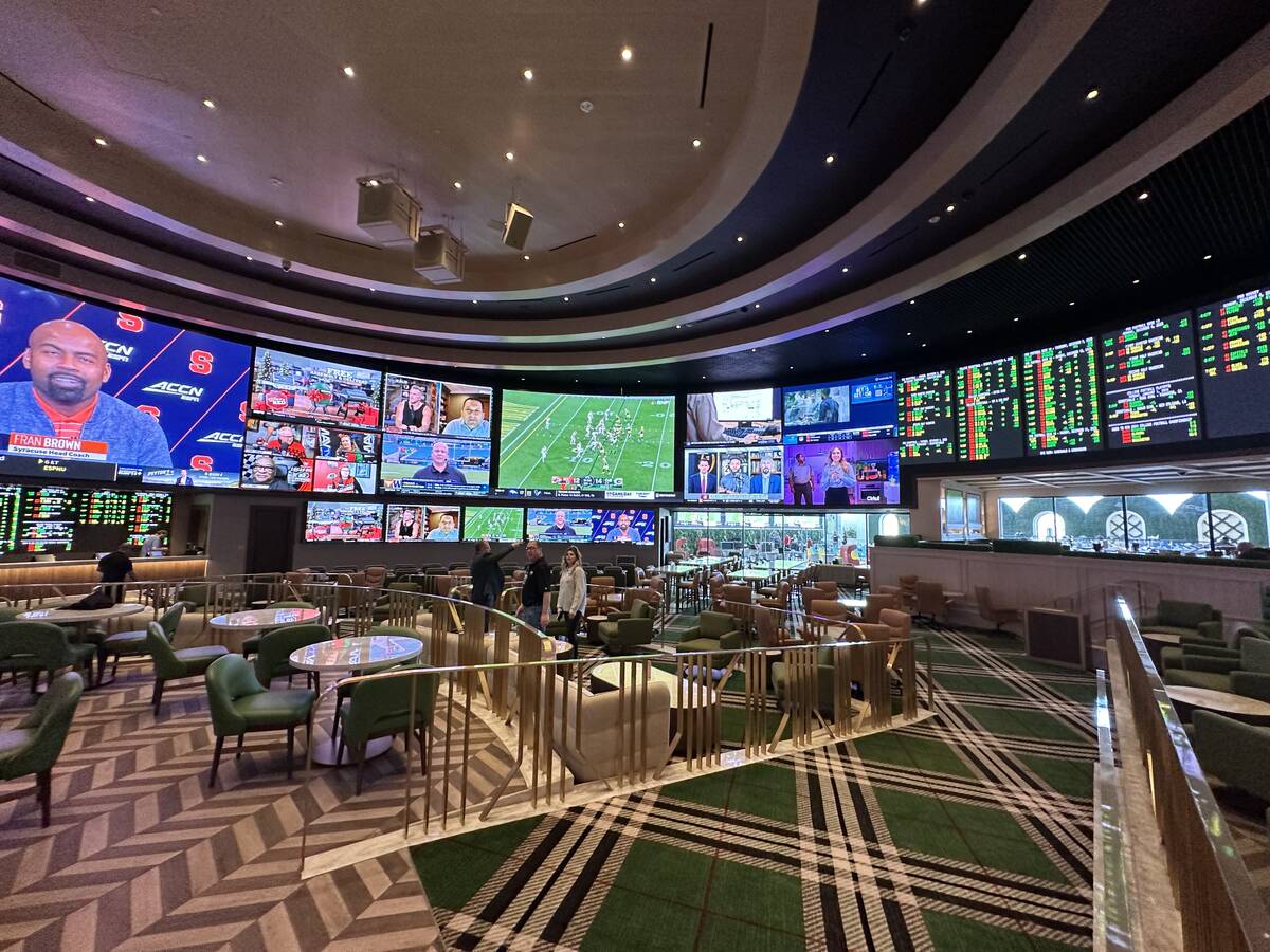 A view of STN sports book at The George Sportsmen’s Lounge at Durango Resort & Casino on Mond ...