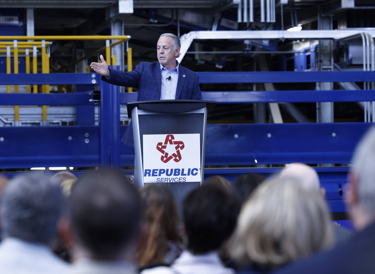 Gov. Joe Lombardo speaks before the ribbon-cutting ceremony for the new recycling center at Rep ...