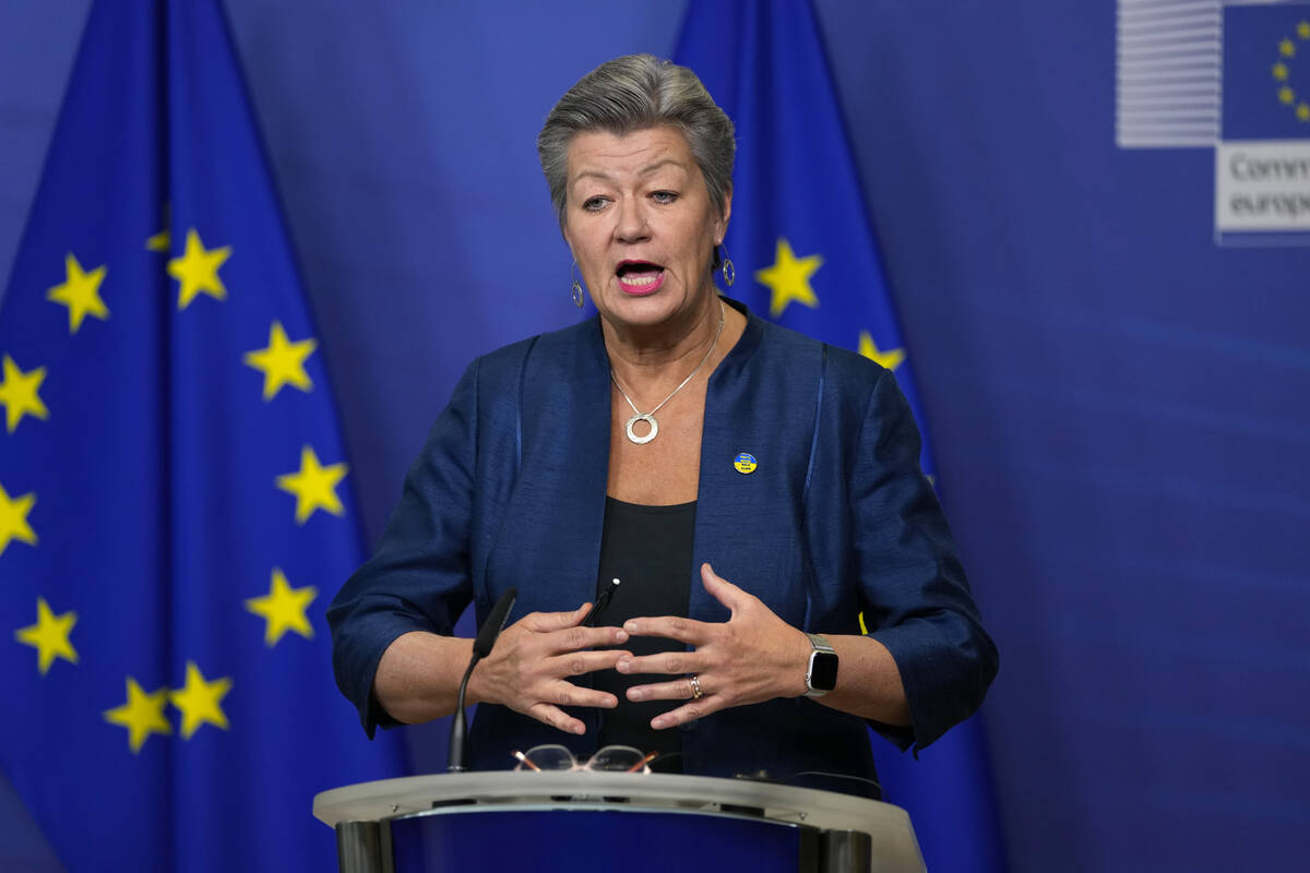 FILE - European Commissioner for Home Affairs Ylva Johansson addresses a media conference at EU ...