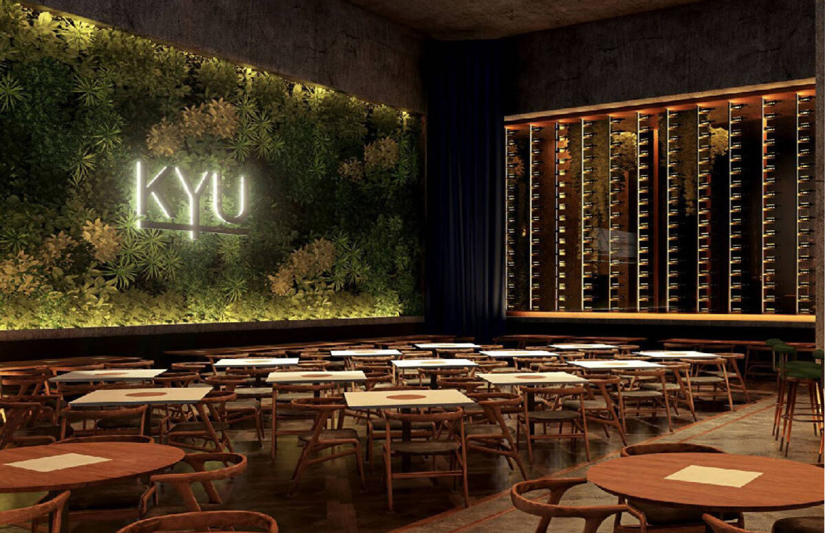 A rendering of the main dining room of KYU, an Asian barbecue restaurant with Asian influences, ...