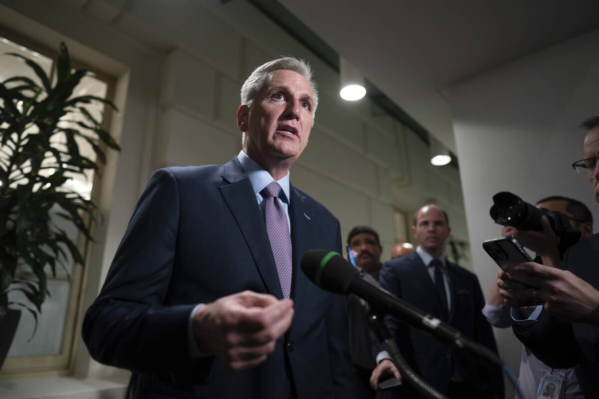FILE - Speaker of the House Kevin McCarthy, R-Calif., talks to reporters after a closed-door me ...