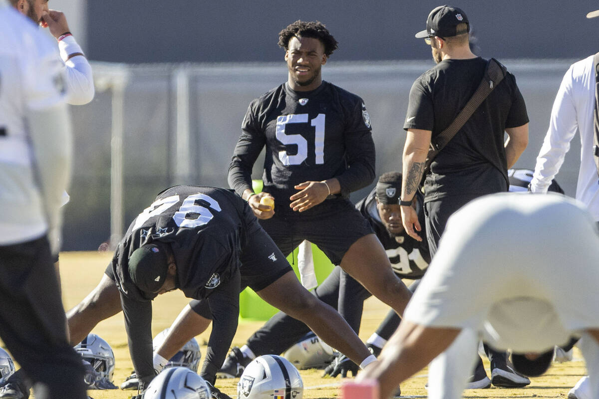 Raiders defensive end Malcolm Koonce (51) stretches during practice at the Intermountain Health ...
