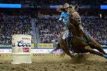 Brittany Pozzi Tonozzi of Victoria, Texas (11) competes in Barrel Racing during the sixth go-ro ...