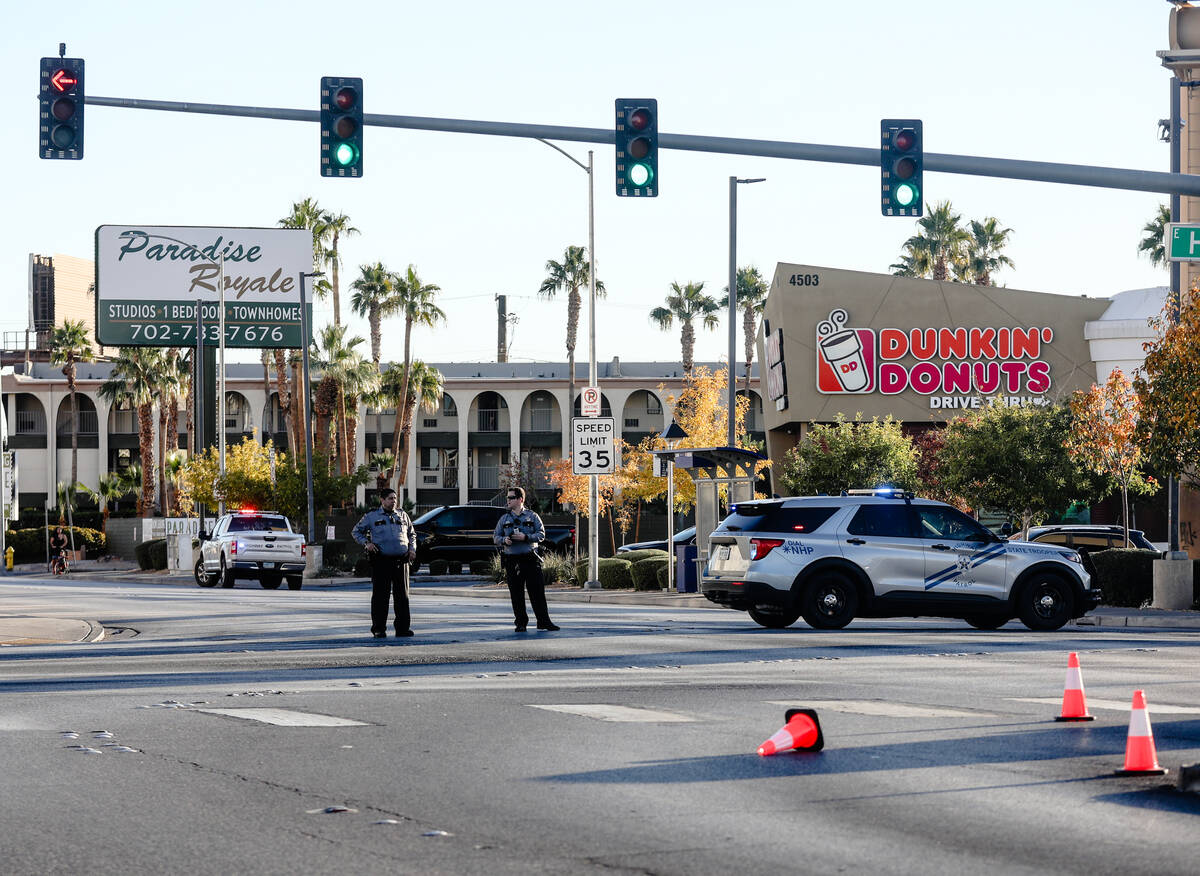 Police block off Paradise Road to traffic in Las Vegas, Wednesday, Dec. 6, 2023. (Rachel Aston/ ...