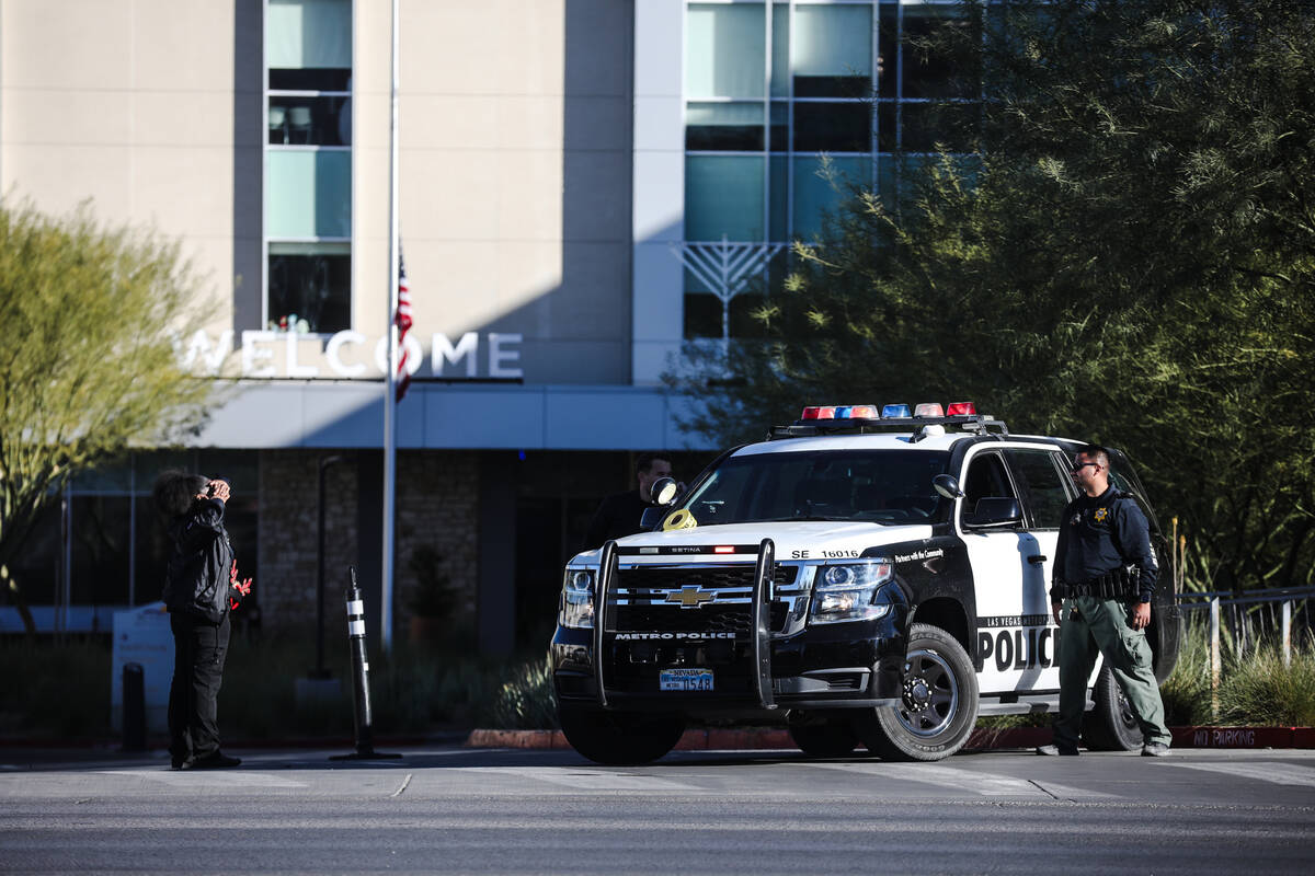 Police at Sunrise Hospital and Medical Center after an active shooter event at UNLV, in Las Veg ...