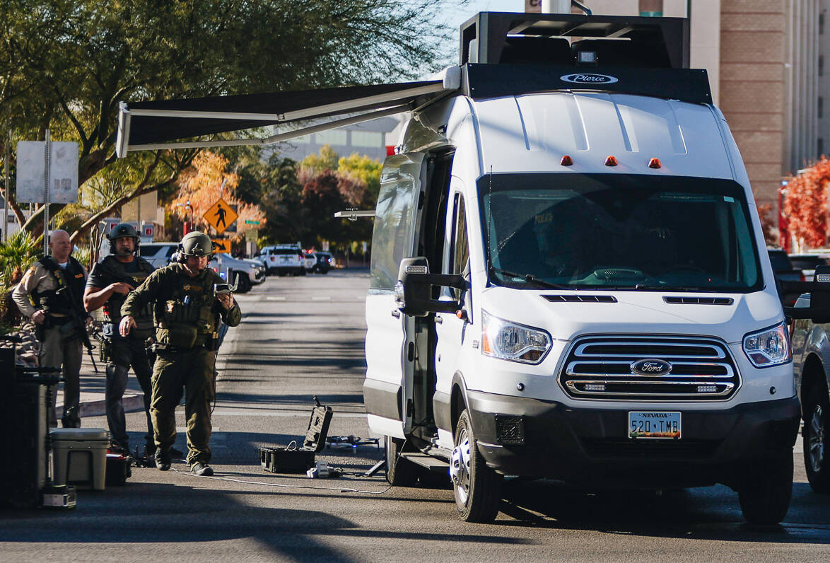 Las Vegas police respond to the scene of a shooting on the UNLV campus on Wednesday, Dec. 6, 20 ...