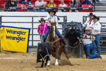 Shelby Boisjoli-Meged of Stephenville, Texas, ropes a calf during the NFR breakaway roping chal ...