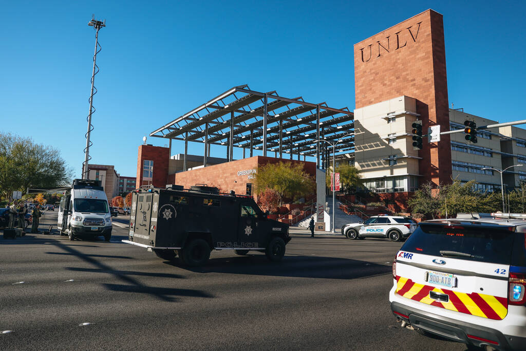 SWAT is seen at the scene of a shooting on the UNLV campus on Wednesday, Dec. 6, 2023, in Las V ...