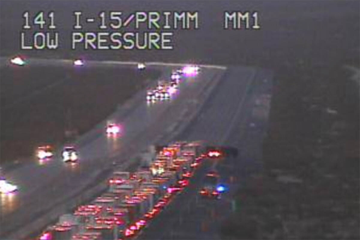 A crash on southbound Interstate 15 on Thursday, Dec. 7, 2023, has shut down traffic near Primm ...