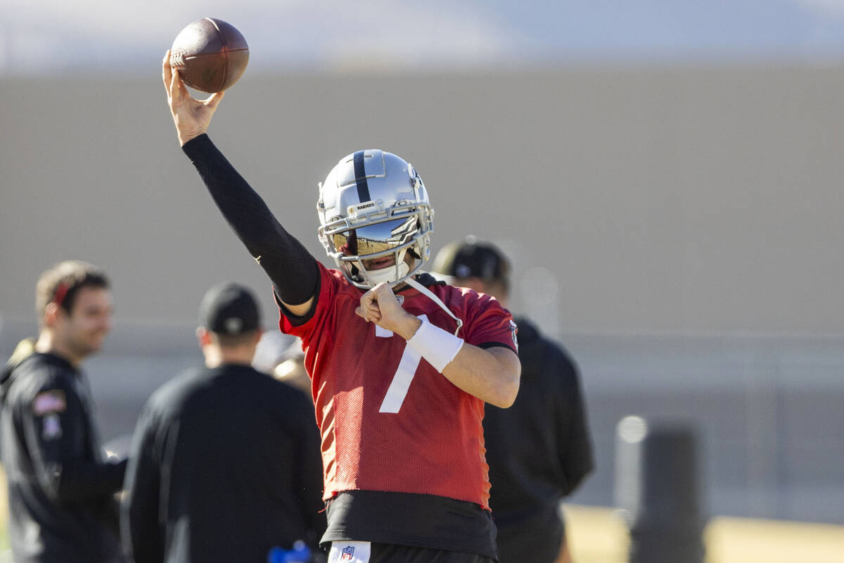 Raiders quarterback Brian Hoyer (7) makes a throw during practice at the Intermountain Health P ...