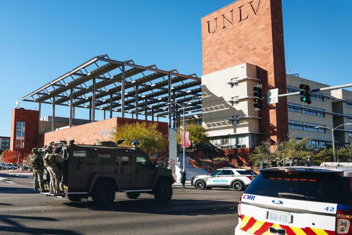 SWAT is seen at the scene of a shooting on the UNLV campus on Wednesday, Dec. 6, 2023, in Las V ...