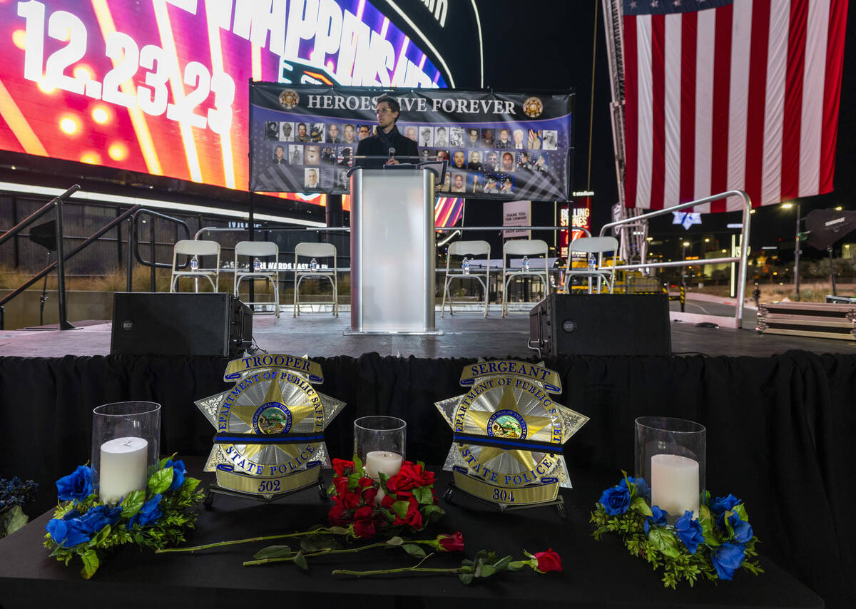 Singer Connor Nicholas stands beyond a table dedicated to Nevada Highway Patrol troopers Sgt. M ...