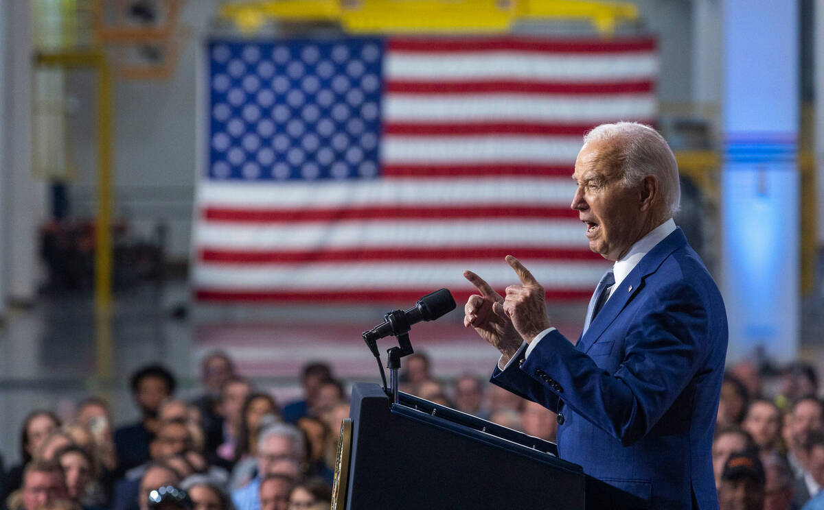 President Joe Biden speaks about investing in Nevada during a gathering at the Carpenters Inter ...