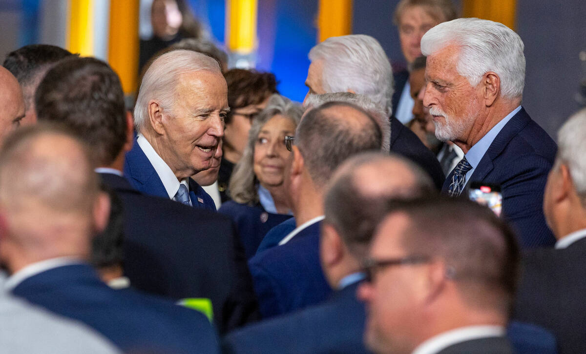President Joe Biden speaks to invited guests during a gathering at the Carpenters International ...