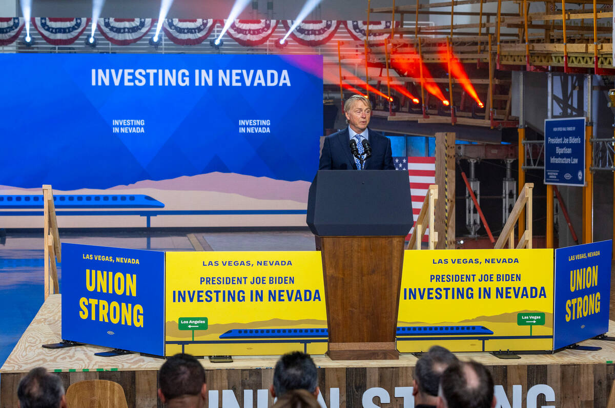 Brightline Founder and Chairman Wes Edens addresses the crowd before President Joe Biden speaks ...
