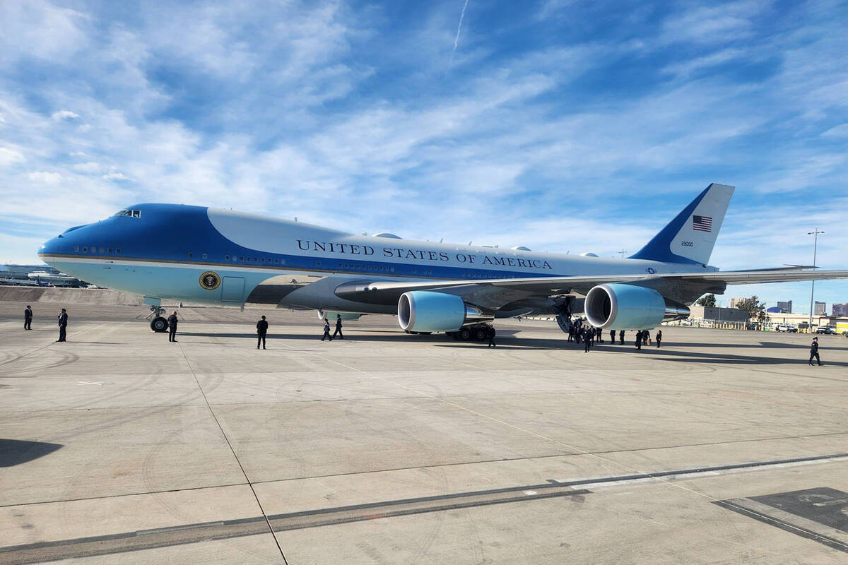 Air Force One arrives in Las Vegas on Friday, Dec. 8, 2023. (Jessica Hill/Las Vegas Review-Journal)