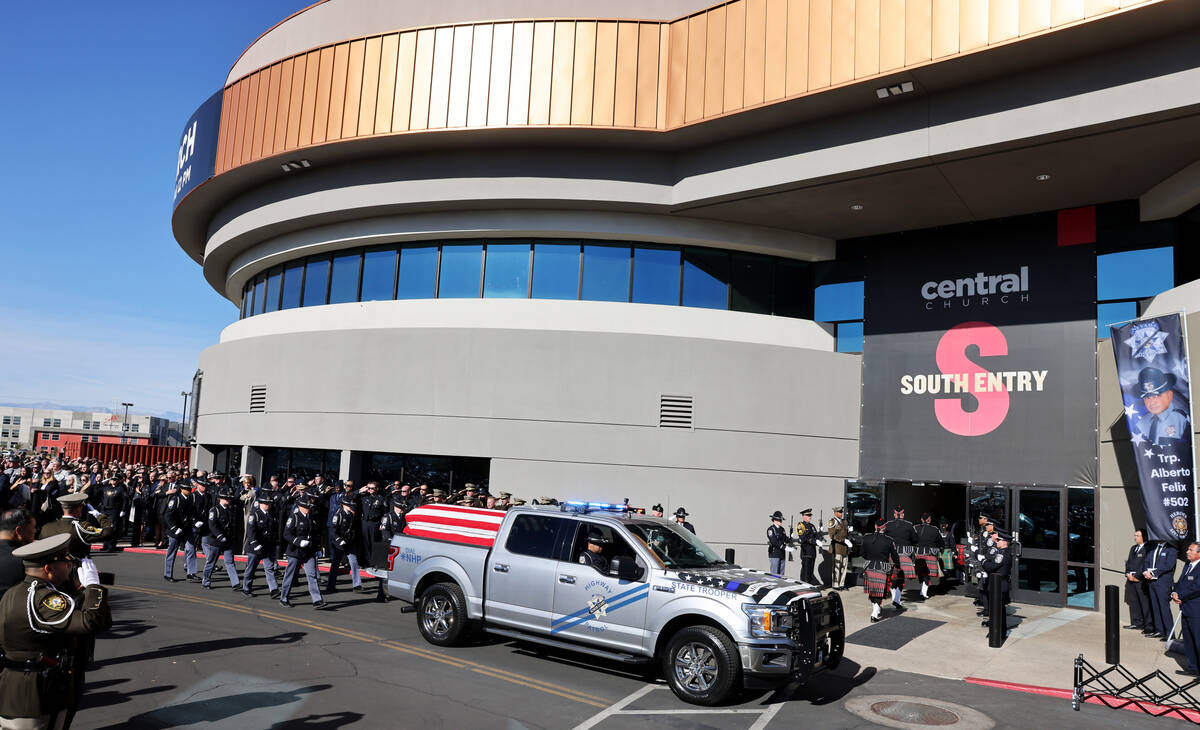 The casket carrying Nevada Highway Patrol trooper Alberto Felix arrives at Central Church in He ...