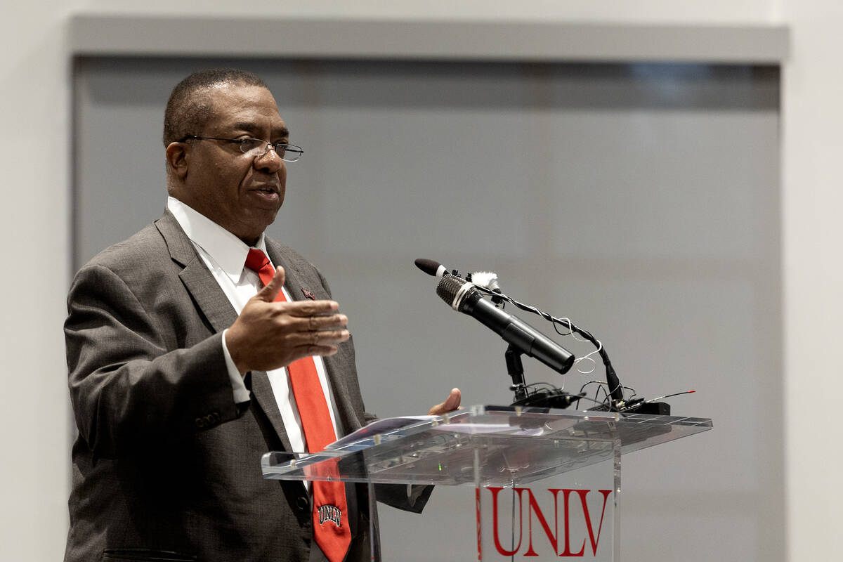 UNLV President Keith Whitfield speaks in response to a Wednesday shooting at the university dur ...