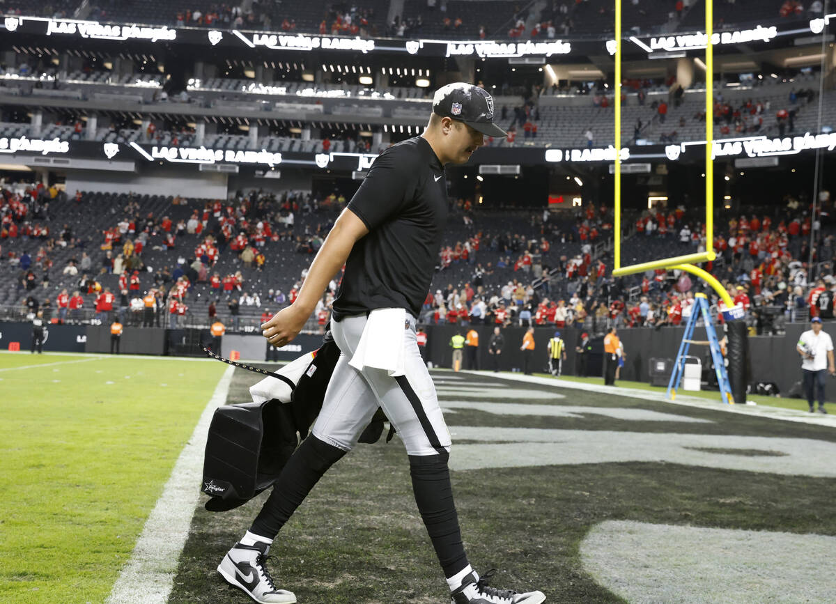 Raiders quarterback Aidan O'Connell (4) leaves the field after loosing 31-17 to Kansas City Ch ...