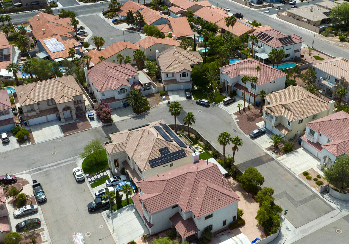 An aerial photo shows homes near Buffalo Drive, on Thursday, June 15, 2023, in Las Vegas. (Bizu ...