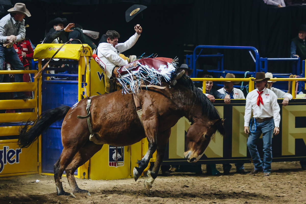 Kade Sonnier comes out of the bucking chute on Irish Eyes the first go-round of bareback ride a ...