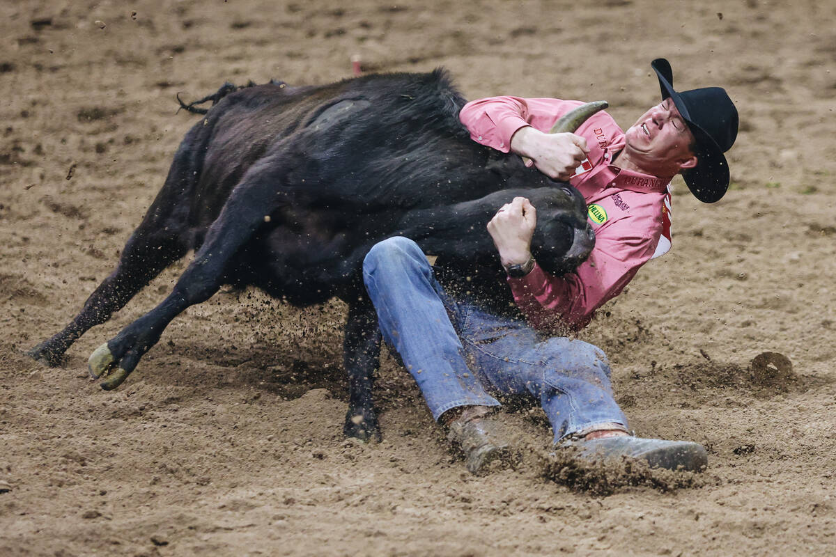 Ty Erickson wrestles his steer to the ground during the steer wrestling portion of the National ...