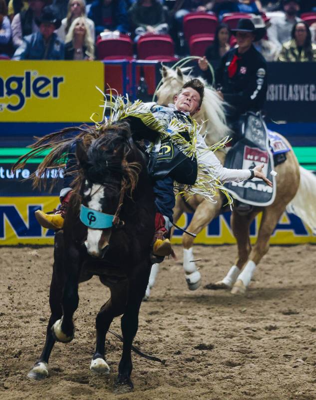 Jacob Lees rides Scarlett Belle during the first go-round of bareback riding during the Nationa ...