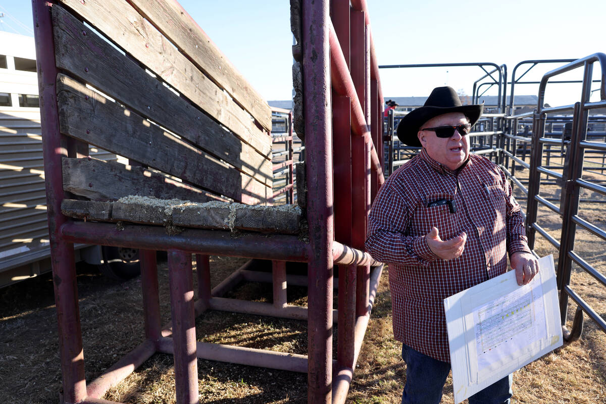 National Finals Rodeo livestock superintendent John Barnes talks to a reporter in the temporary ...