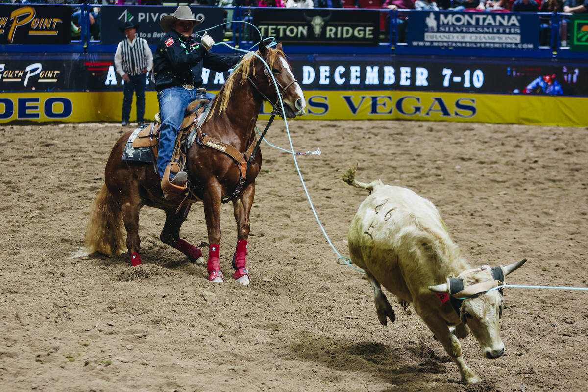 Team roping heeler Hunter Koch ropes a calf during the National Finals Rodeo at the Thomas & ...