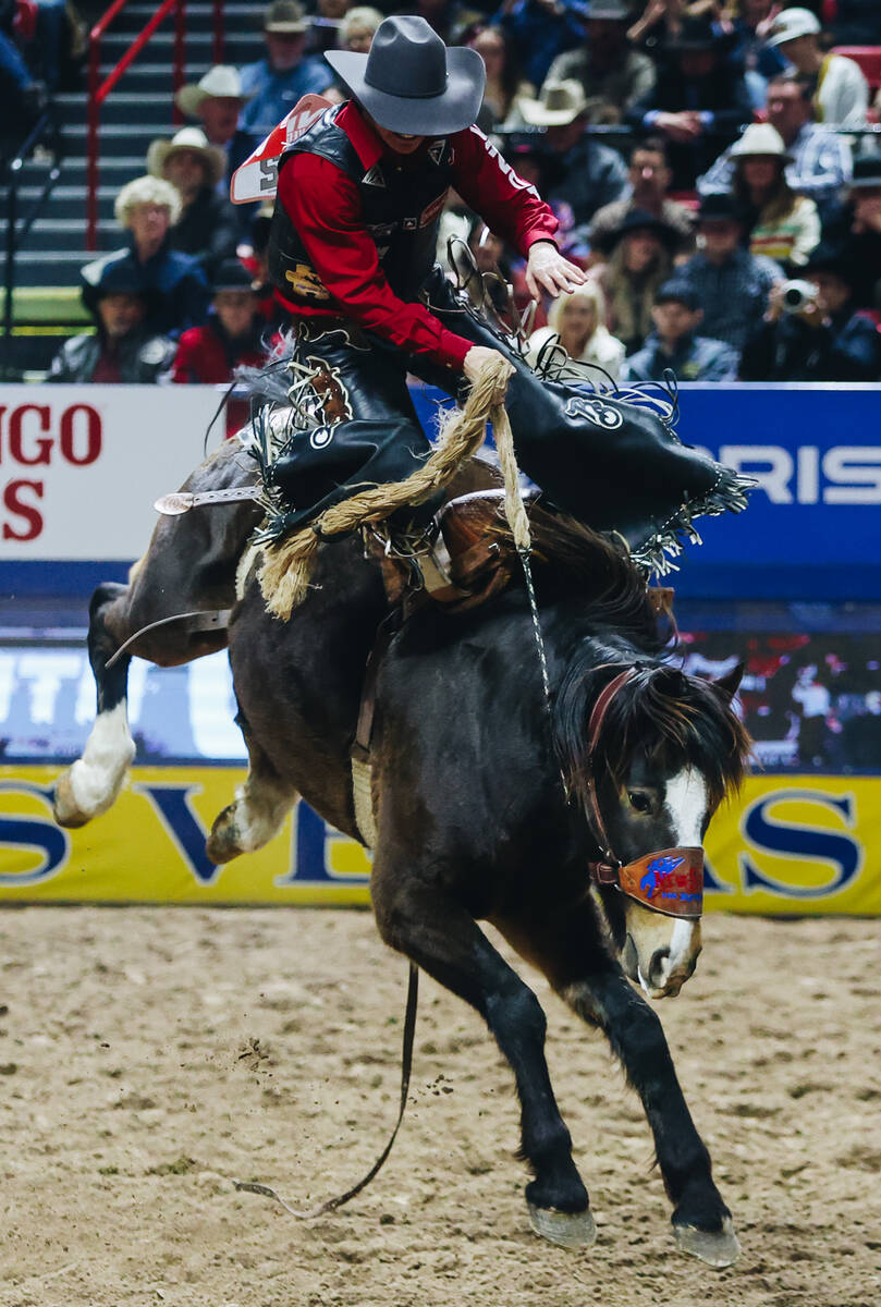 Ryder Sanford rides Spotted Blues during the National Finals Rodeo at the Thomas & Mack Cen ...