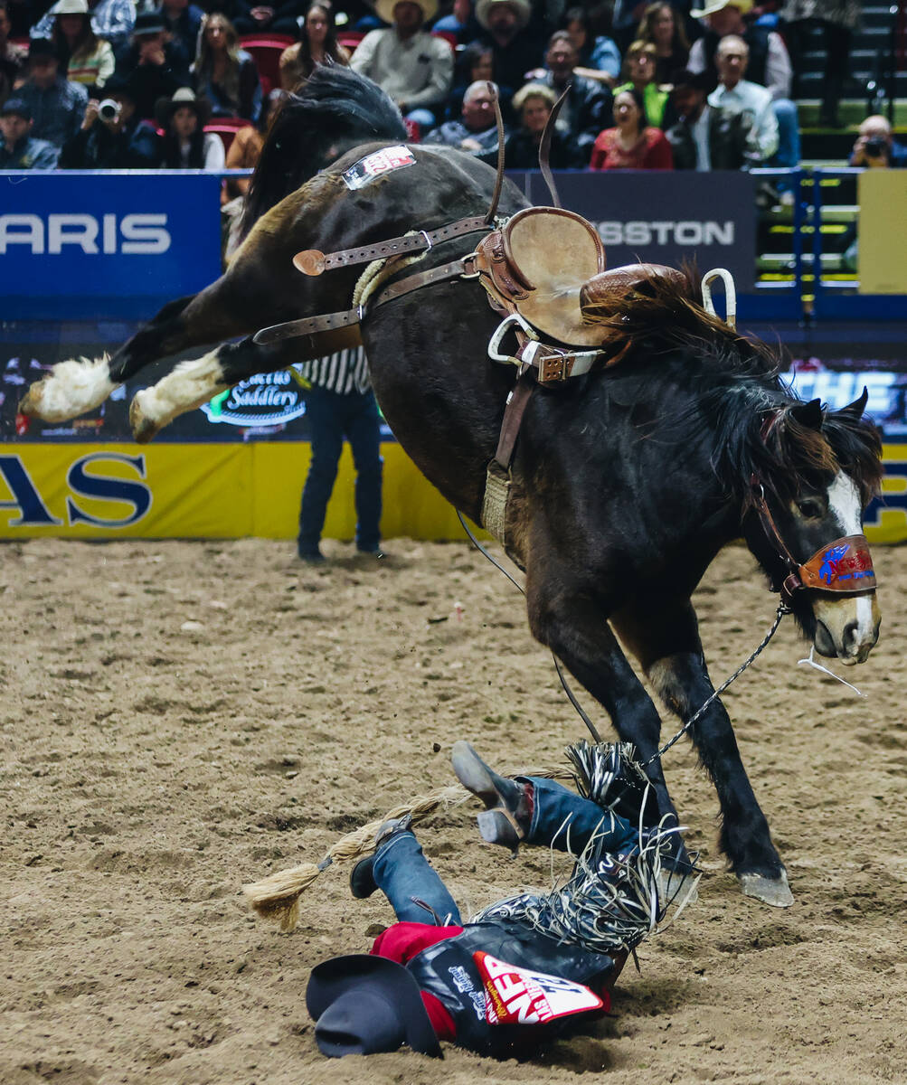 Ryder Sanford gets bucked off of Spotted Blues during the National Finals Rodeo at the Thomas & ...