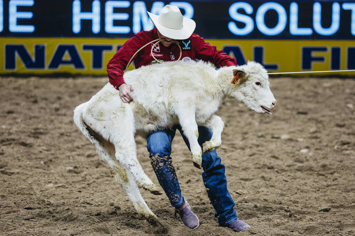 Kincade Henry picks up a calf during tie down roping at the National Finals Rodeo at the Thomas ...