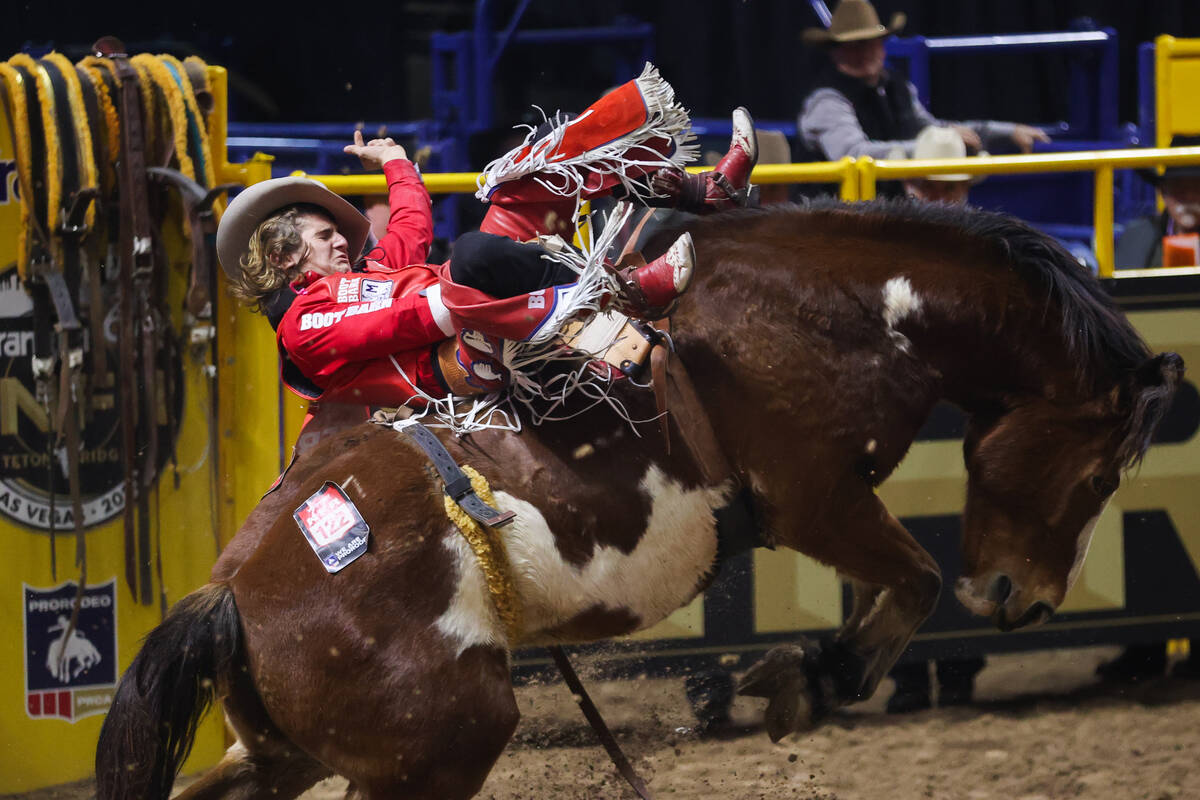 Rocker Steiner holds on to his horse while he competes in bareback riding on day four of the Na ...