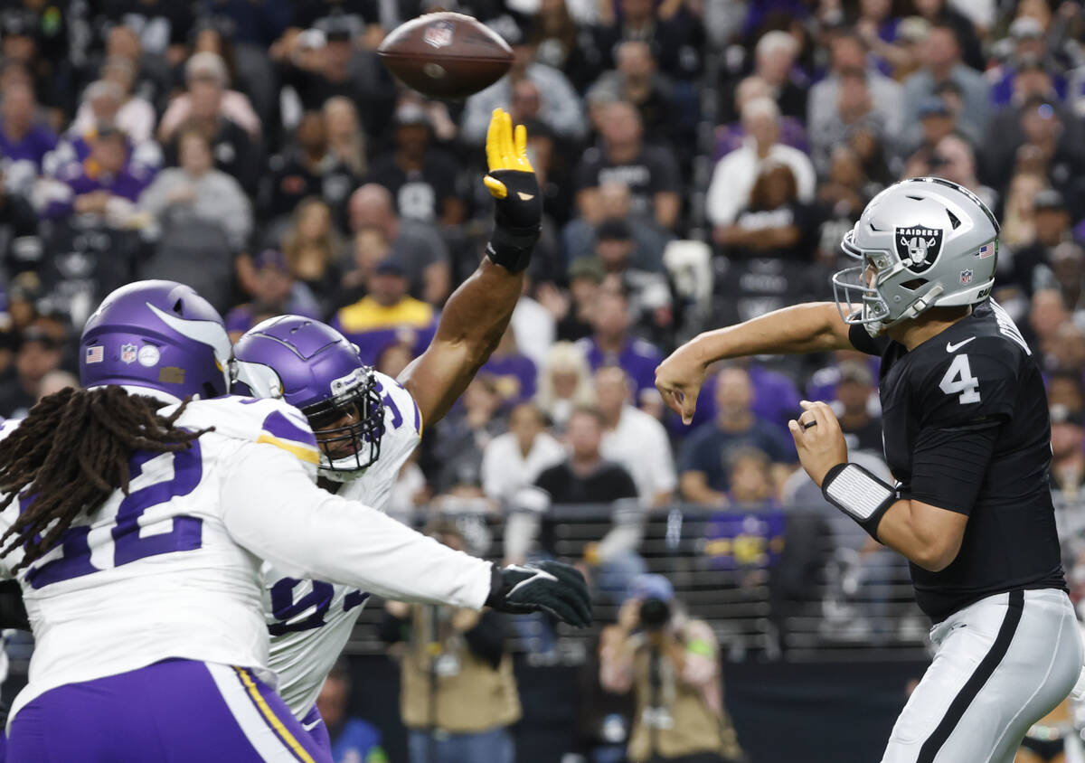 Raiders quarterbacks Aidan O'Connell (4) throws under pressure from Minnesota Vikings defense d ...