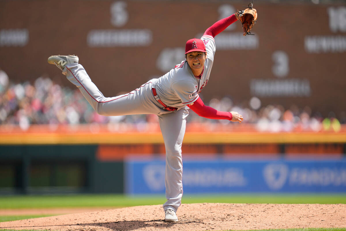 FILE - Los Angeles Angels pitcher Shohei Ohtani throws against the Detroit Tigers in the fourth ...