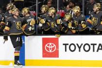 Vegas Golden Knights center Jack Eichel (9) celebrates his goal with the bench during a shootou ...