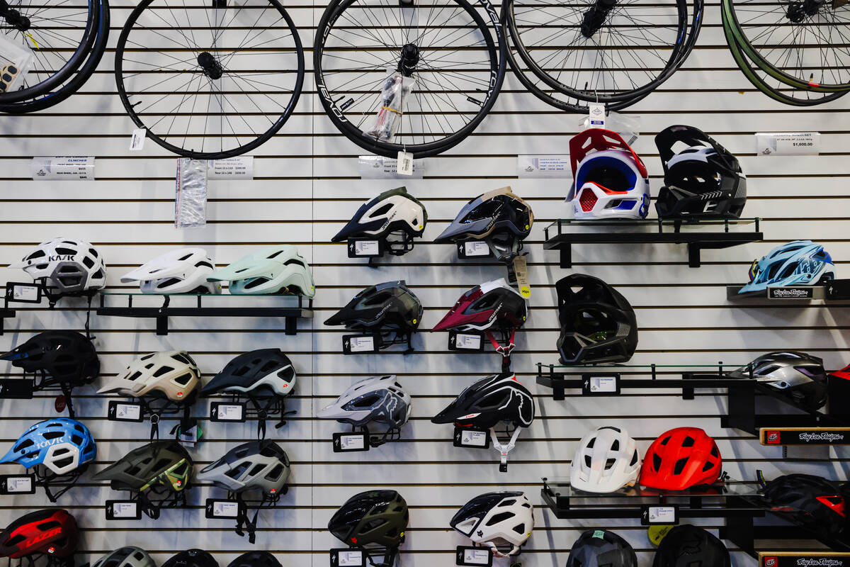 Helmets for sale at Las Vegas Cyclery in Las Vegas, Monday, Dec. 11, 2023. (Rachel Aston/Las Ve ...