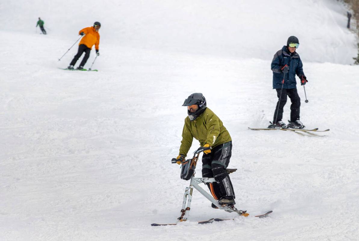 Terry Sadler of Mount Charleston cruises down a run on his snow bike at Lee Canyon on the final ...