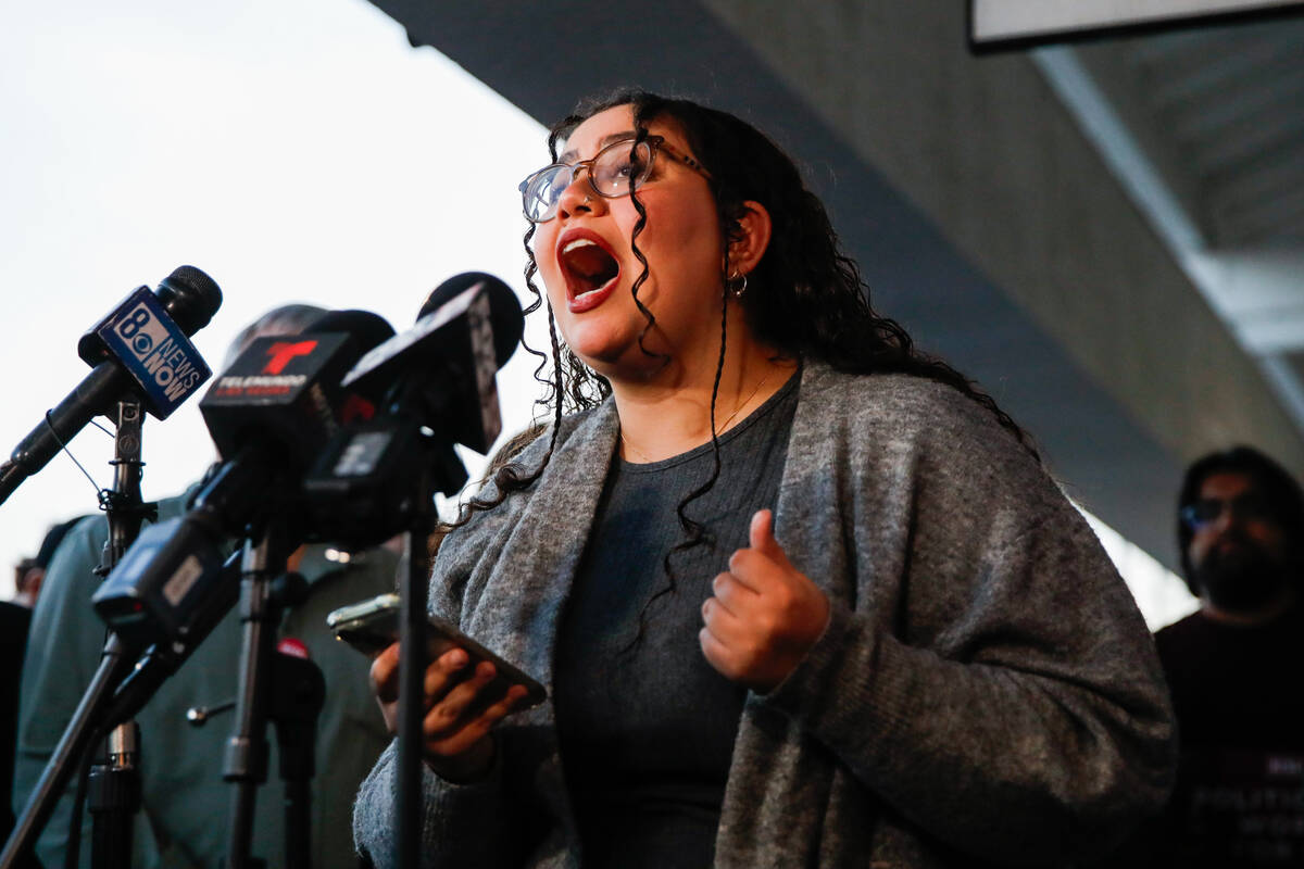 Zena Hajji, a UNLV political science student, demands action against gun violence during a pres ...