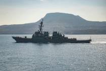 The guided-missile destroyer USS Carney in Souda Bay, Greece. The American warship and multiple ...