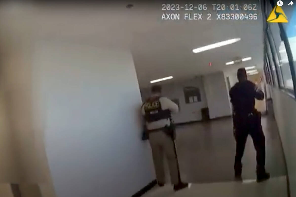 A screenshot from body-camera footage that was released by Las Vegas police shows the response ...