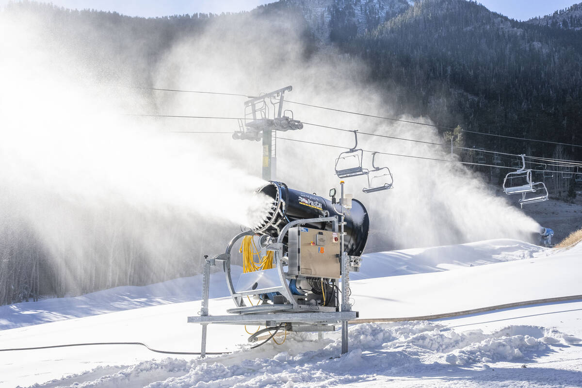 Machine-made snow spills onto the Lee Canyon slopes. The Rabbit Peak area with terrain suitable ...
