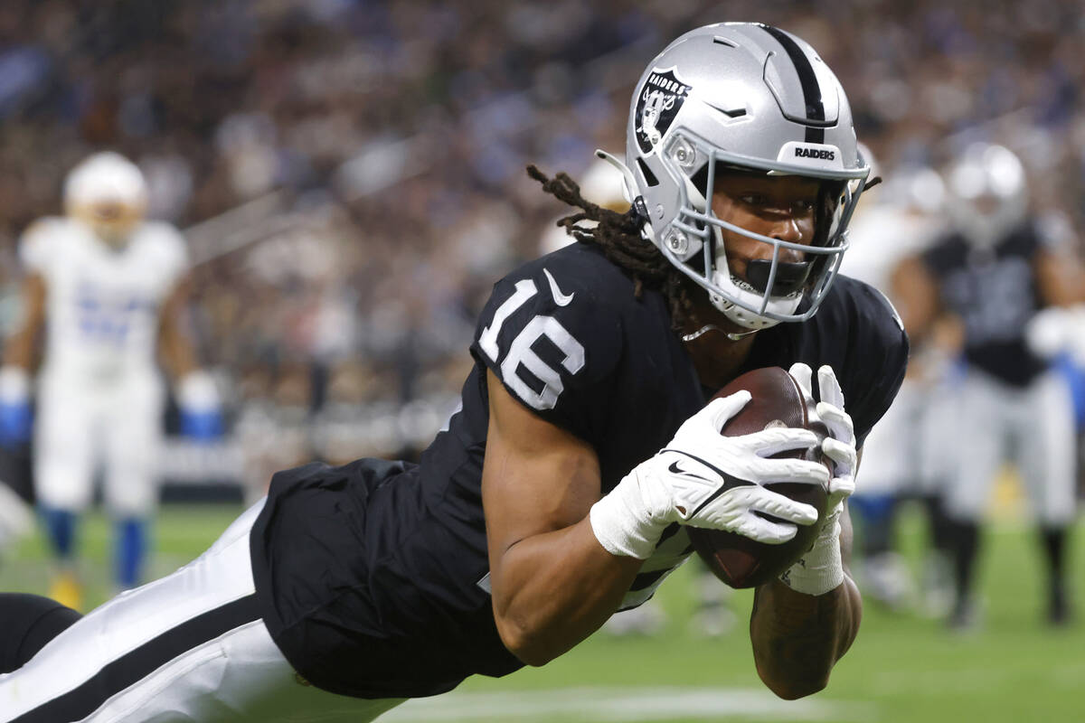 Raiders wide receiver Jakobi Meyers (16) dives for a touchdown against Los Angeles Chargers dur ...